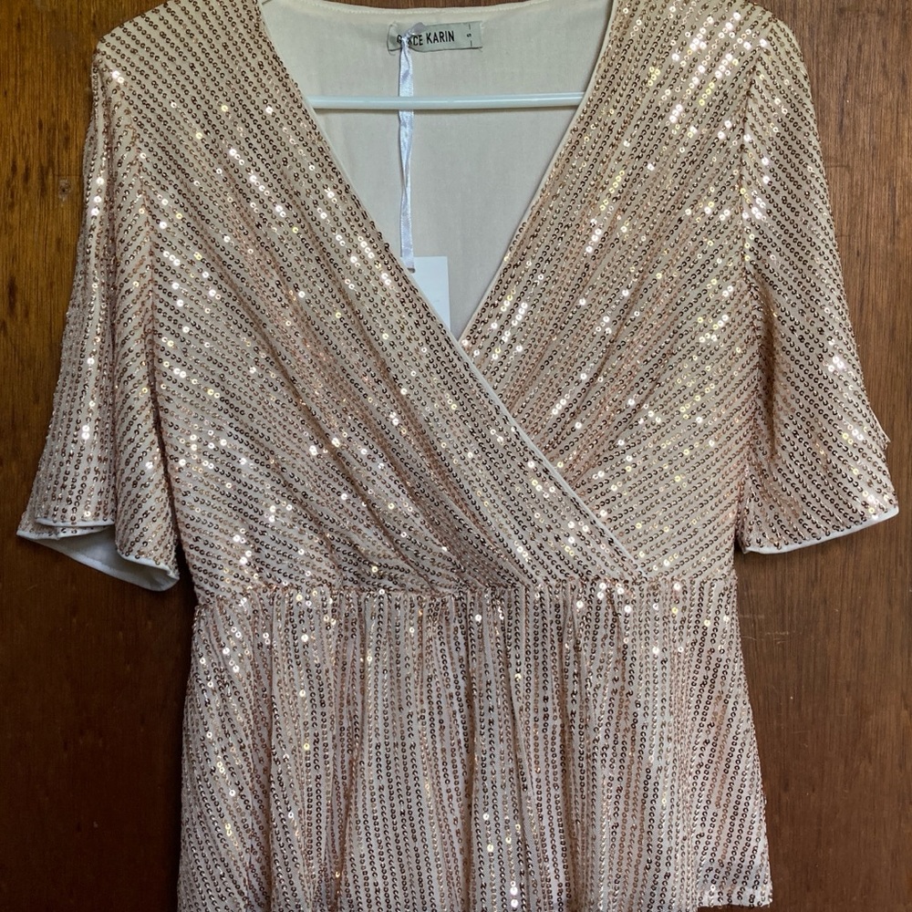 Grace Karin Rose Gold Sequin Faux Wrap Blouse Open Sleeve Short Sleeve